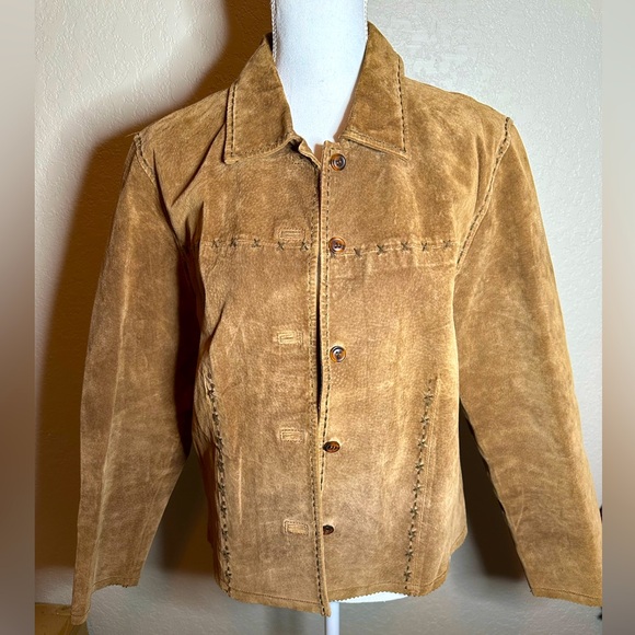 IVY brown leather suede button front cross stitching women’s coat size medium - Picture 1 of 6